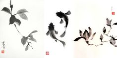 two paintings of leaves and fish in black and white, one with chinese writing on it