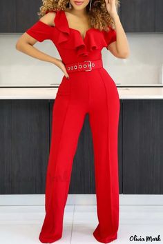 Olivia Mark - Stylish Black Solid Patchwork V Neck Jumpsuit - Perfect for Casual Chic Fashion Red Party Jumpsuits And Rompers, Fitted Red Jumpsuits And Rompers, Dress With Gloves, Cold Shoulder Jumpsuit, Jumpsuit With Belt, Off Shoulder Jumpsuit, Designer Jumpsuits, Spaghetti Strap Mini Dress, Green Jumpsuit