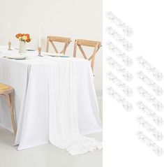 the table is set with white linens and place settings for two people to sit at