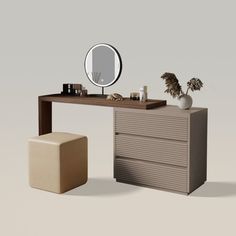 a desk with a mirror and stool next to it