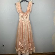 Gunne Sax Victorian 70s Maxi Dress Pink Cream Stripe Satin Tulle Slip Sz 5 Great Vintage Condition Plz See Pics Of Small Stains Pointed Out Length 61" Closet Summer Vintage Dress For Prom, Pink Satin Gown With Ruffles, Vintage Ball Gown Dresses For Vintage Events, Pink Silk Ball Gown Dress, Pink Silk Gown With Ruffles, Vintage Satin Summer Dresses, Vintage Formal Dress With Ruffles, 1950s Formal Ruffled Dress, 1950s Style Ruffled Formal Dresses