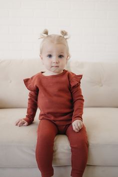 Brick red ruffle long sleeve, pair with our leggings for the cutest set! Long Sleeve Ruffled Sets, Long Sleeve Solid Color Ruffled Set, Solid Color Ruffle Long Sleeve Sets, Fall Playtime Long Sleeve Sets, Fall Playtime Sets With Long Sleeves, Cute Long Sleeve Sets For Fall, Solid Color Playtime Sets For Fall, Fall Playtime Solid Color Sets, Playful Long Sleeve Sets For Fall