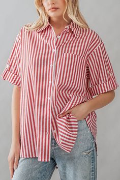 Introducing the Rolled Cuffs Short Sleeves Collared Button Down High-Low Stripe Shirt - a perfect blend of casual comfort and chic style. The rolled cuffs add a laid-back vibe, creating a relaxed yet polished look. Classic Shirt With Roll-up Sleeves For Day Out, Trendy Button-up Shirt With Rolled Sleeves, Casual Blouse With Roll-up Sleeves And Shirttail Hem, Trendy Shirt With Roll-up Sleeves And Shirttail Hem, Trendy Relaxed Fit Blouse With Roll-up Sleeves, Casual Blouse With Button Closure And Shirttail Hem, Casual Shirttail Hem Blouse With Button Closure, Chic Everyday Blouse With Roll-up Sleeves, Casual Shirttail Hem Blouse