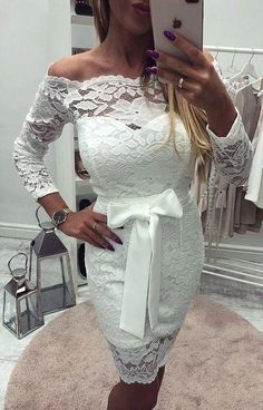 Off-shoulder Lace Mini Dress For Wedding, White Fitted Lace Dress For Banquet, Fitted Off-shoulder Wedding Dress, White Fitted Off-shoulder Evening Dress, White Fitted Off-shoulder Dress With Long Sleeves, Fitted Off-shoulder White Dress, White Fitted Off-shoulder Dress, Fitted White Off Shoulder Dress For Banquet, White Fitted Off Shoulder Dress For Banquet