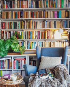 a living room with bookshelves full of books and a chair in the middle