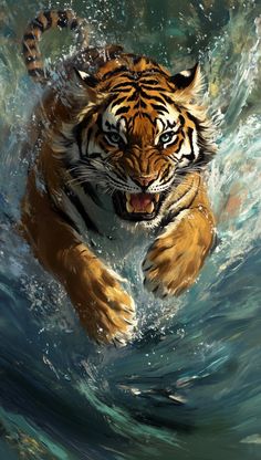 a painting of a tiger in the water