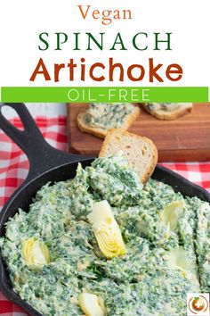 spinach artichoke in a skillet with bread on the side