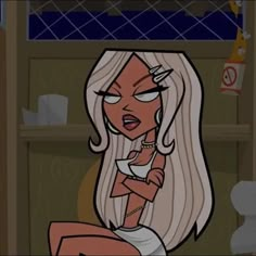 an animated woman with long white hair sitting in front of a wooden shelf and looking at the camera