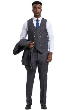 This fashionable designer suit from Stacy Adams features a one button suit jacket with a wide peak lapel, side vents, and gold button closure. The vest is a double breasted style also featuring gold buttons. The pants are flat front. (Sizes 34-44 = Slim Fit / Sizes 46+ = Modern Fit) Adams Peak, Peak Lapel Suit, Adam's Peak, Windowpane Suit, Checkered Suit, Suit Man, Double Breasted Vest, Mens Suit Vest, Windowpane Plaid