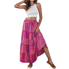 Purple Bohemia Print Tie Waist Maxi Skirt Bohemian Pink Wrap Skirt For Summer, Pink Maxi Skirt With Elastic Waistband For Summer, Pink Wide-leg Beach Skirt, Casual Pink Wrap Skirt For Beach, Casual Pink Wrap Skirt For The Beach, Summer Pink Relaxed Maxi Skirt, Bohemian Pink Maxi Skirt With Elastic Waistband, Summer Pink Relaxed Fit Maxi Skirt, Pink Wide Leg Summer Skirt