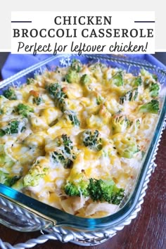 a casserole dish with broccoli and cheese in it on a wooden table