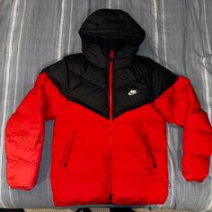 Jacket Is Brand New With Tags, Feel Free To Message Me With Any Questions Or Concerns!! Red Hooded Puffer Jacket With Pockets, Sporty Puffer Windbreaker For Outdoor, Waterproof Winter Track Jacket For Streetwear, Windproof Sport Coat For Winter Streetwear, Sporty Puffer Jacket With Fleece Lining, Red Hooded Jacket With Pockets For Cold Weather, Sportswear Puffer Jacket For Streetwear, Sporty Down Puffer Jacket For Winter, Red Winter Outdoor Outerwear