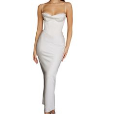 House Of Cb Ivory Charmaine Corset Satin Maxi Dress. Size Small With Plus Cup. New With Tags. Satin Draped Cowl Neckline Corset Boning Softly Lined Half Plus Cups That Are Underwired For Full Support And Uplift Delicate Shoulder Straps That Adjust For The Perfect Fit Maxi Hem Fully Lined Back Zip Length: Approx 152cm Gentle Dry Clean Only White Satin Midi Dress For Evening, White Maxi Dress With Boned Bodice For Formal Events, White Maxi Dress With Boned Bodice For Formal Occasions, White Satin Formal Slip Dress, White Formal Maxi Dress With Boned Bodice, Formal White Satin Slip Dress, White Satin Dress With Sweetheart Neckline, White Fitted Sheath Evening Dress, Fitted Silk Slip Dress In Cream