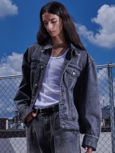 Editor's notesIt is a casual trucker jacket in denim fabric. The jacket features washed denim look and frayed edge collar with fringe. The silhouette of the jacket is adjustable using metal button tab on the hem.- Oversized fit- Button closure- Chest pockets- Side pockets- Stone damaged denimMeasurements(in.)M / L- Shoulder: 22 in. / 22.8 in.- Chest: 24.2 in. / 25.2 in.- Sleeve Length: 24.8 in. / 25.2 in.- Length: 26 in. / 26.8 in.*Model info: Height: 5’ 12” Weight 136.7 lbs / Fitting size: Size Dark Wash Denim Jacket With Frayed Hem For Streetwear, Frayed Hem Denim Jacket For Fall Streetwear, Casual Denim Jacket With Frayed Hem For Streetwear, Cotton Denim Jacket With Frayed Hem For Streetwear, Fall Denim Jacket With Frayed Hem For Streetwear, Grunge Denim Jacket With Frayed Hem For Fall, Denim Outerwear With Frayed Hem For Streetwear, Edgy Denim Jacket With Frayed Hem For Streetwear, Oversized Denim Jacket With Frayed Hem For Streetwear