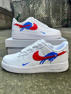 Brand new hand painted custom Air Force 1 sneakers.  If you want to make any alterations please message us your design request. Painted with Angelus leather paint for ultimate duration. All products are made to order Processing time is 3 weeks All shoes come directly from nike. Please be sure of your size before placing your order! We use Nikes official sizing chart, if you need to convert your size please check on their website. ALL SALES FINAL - NO REFUNDS Custom White Sneakers For Sports, White Custom Sneakers For Sports, White Custom Logo Sneakers For Streetwear, Customizable Low-top Sneakers For Sports, Customizable Blue Sneakers For Sports, Customizable Sporty Sneakers With Round Toe, Blue Customizable Sporty Sneakers, Sporty Customizable Blue Sneakers, Customizable Sporty Blue Sneakers