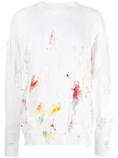 white/multicolour cotton distressed effect paint splatter detail round neck long sleeves straight hem White Distressed Sweatshirt, White Distressed Long Sleeve Sweatshirt, White Distressed Casual Sweatshirt, White Distressed Sweatshirt For Fall, Distressed White Long Sleeve Top, Sweatshirt White, Distressed Painting, Paint Splatter, Private Label