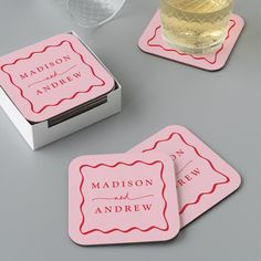 Add a stylish touch to your wedding reception, rehearsal dinner, engagement party, or wedding shower with these Modern Pink and Red Wavy Frame paper coasters. The retro wedding coasters display the couple's names in bold red lettering surrounded by a red wavy border contrasting with a pink background. The trendy wedding coasters were designed to coordinate with our Modern Wavy Frame wedding collection. Light Pink And Red Wedding, Wavy Frame, Paper Coasters, Wedding Coasters, Frame Wedding, Retro Wedding, Paper Coaster, Square Paper, Wedding Frames