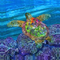 a painting of a turtle on top of purple and green leaves with blue water in the background