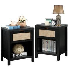 two nightstands with baskets and books on each side, one has a lamp next to it