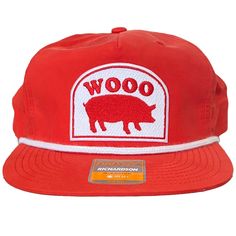 Wooo Pig Patch sewn on a Richardson Brand Umpqua Rope hat. 70/30 cotton/nylon Soft-structured with reinforced flip down mesh support Five-panel, low-profile with braid Flat bill UPF 50+ Snapback closure Red Flat Bill Trucker Hat For Outdoor, Red Trucker Hat 5-panel, Red Six-panel Trucker Hat For Outdoor, Red Trucker Hat With Curved Brim For Outdoor, Red Cotton Trucker Hat With Flat Brim, Adjustable Red Six-panel Trucker Hat, Red Curved Brim Trucker Hat For Outdoor, Red Adjustable Six-panel Trucker Hat, Red Snapback Fitted Hat For Outdoors