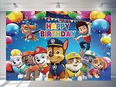 an image of a birthday party scene with puppies and balloons on the wall behind it