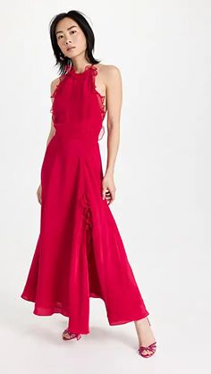 Azeeza Rory Puff Sleeve Dress | SHOPBOP Fitted Silk Dress With Smocked Back, Elegant Stretch Dress With Smocked Back, Elegant Silk Dress With Smocked Bodice, Elegant Red Dress With Smocked Back, Dramatic Sleeves, Red Dress Maxi, Puff Sleeve Dress, Hand Dyed Silk, Chiffon Ruffle