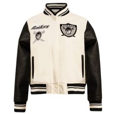 The Pro Standard Premium NFL Oakland Raiders Retro Classic WoMen's Rib Wool Varsity Jacket (Eggshell/ Black) Raiders Jersey Outfit Women, Raiders Outfits For Women, Brown Leather Jacket Men, Varsity Jacket Women, Nfl Oakland Raiders, Leather Varsity Jackets, Custom Leather Jackets, Cafe Racer Jacket, Team Jackets