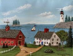 a painting of a lighthouse and some houses by the water with sailboats in the background