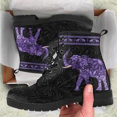 Purple Bohemian Elephant Boots | woodation.myshopify.com Dragon Boots, Art Boots, Bohemian Elephant, Plastic Boots, Save The Elephants, Vegan Boots, Closet Door, Corsets And Bustiers, Comfortable Boots