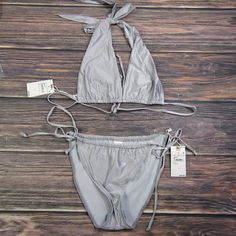 Good American New Xl Size 4 Silver 2-Piece Bikini Set Swimsuit Beach Brand New With Tags Silver Swimwear For Poolside Summer, Fitted Silver Swimwear For Summer, Silver Triangle Top Swimwear For Summer, Silver Triangle Top Swimwear For Beach Season, Silver Triangle Top Swimwear For Beach, Silver Swimwear For Summer Beach, Silver Beach Swimwear For Summer, Silver Swimwear For Beach In Summer, Gray Stretch Swimwear For The Beach