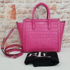 New...Not Used...Authentic 13.5" W X 9" H X 4.5" D - Bright/Spring Pink Leather Crocodile-Embossed Tote Foil-Printed “Lauren Ralph Lauren” Logo At The Front Two Top Handles, 3.75" Drop Adjustable/Removable Crossbody Strap, 22" Drop Dog-Clip Closure "Lauren Ralph Lauren"-Engraved Plaque At The Interior Interior Slip Pocket Dust Bag Pink Leather Shoulder Bag With Dust Bag, Pink Shoulder Bag For Office, Classic Pink Rectangular Satchel, Pink Textured Leather Rectangular Bag, Luxury Pink Leather Shoulder Bag, Pink Textured Leather Formal Bag, Luxury Pink Leather Satchel, Designer Pink Satchel For Office, Elegant Pink Textured Leather Shoulder Bag