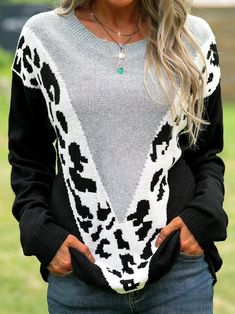 Acrylic Casual Long Sleeve Leopard Sweater Acrylic Crew Neck Outerwear For Fall, Casual Long Sleeve Acrylic Tops, Black Tops For Cold Weather In Fall, Leopard Black, Leopard Sweater, Winter Vintage, Shop Accessories, India And Pakistan, Black Accessories