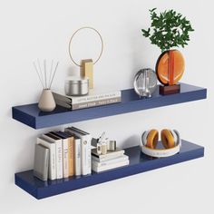 two blue shelves with books, vases and other items