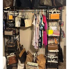 an organized closet with handbags and purses