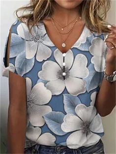 Women's Spring Blue Floral Print Casual V-Neck T-Shirt Light Blue V-neck T-shirt For Summer, Blue V-neck T-shirt For Summer, Blue V-neck T-shirt For Spring, Casual Light Blue V-neck T-shirt, Blue V-neck T-shirt With Graphic Print, Light Blue Floral Print V-neck Top, Women's Spring Outfits, Cheap Clothing, Spring Outfits Women