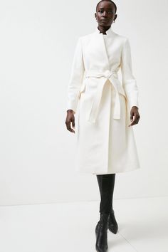 Italian Wool Cashmere Notch Neck Coat | Karen Millen All White Winter Outfit, White Wool Coat, Beautiful Wardrobe, Notched Neckline, Chic Coat, Man And Wife, Wedding Aesthetic, Soft Classic, White Coat