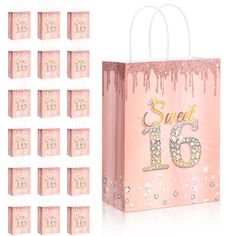 a pink bag with the number sixteen on it next to twelve small bags filled with diamonds