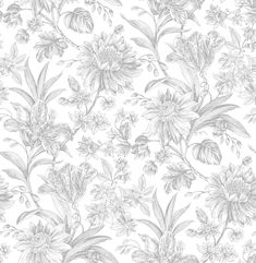 a drawing of flowers and leaves on a white wallpaper background with grey pencils