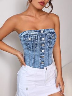 Light Wash Sexy Collar Sleeveless Denim Plain  Embellished Non-Stretch  Women Clothing Strapless Top Outfit, Corset Top Pattern, Corset And Jeans, Denim Tube Top, Camo Cardigan, Denim Top Women, Looks Jeans, Moda Denim, Top Bustier