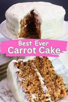 the best ever carrot cake with white frosting is cut in half and served on plates