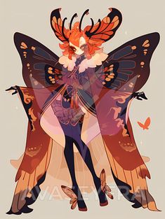 an illustration of a woman with orange hair and wings on her body, standing in front of butterflies