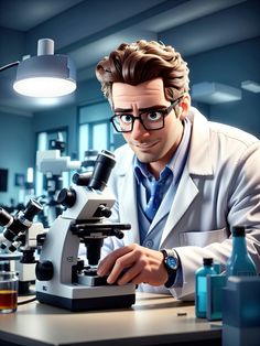 a man in a lab coat looking through a microscope at something on top of a table