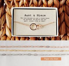 Aunt Niece bracelet, Aunt Niece Gift, Aunt Niece Jewelry, Aunt Niece Quotes, Aunt bracelet ◆ LENGTH: 6"+1" (extended chain) ◆ Material: Gold / Rose / Silver Plating over Brass finding , Brass chain & clasp Jewelry shipped with a gift box. Thank you for visiting! All orders are shipped with a TRACKING NUMBER! Want to see more? please click on http://LaSenada.etsy.com If you have any questions, feel free to ask me! Adjustable Paperclip Bracelet As Gift, Adjustable Paperclip Chain Bracelet As Gift, Gift Paperclip Bracelet With Adjustable Chain, Silver Paperclip Bracelet As Gift, Silver Paperclip Bracelet Gift, Handmade Paperclip Jewelry Gift, Handmade Paperclip-shaped Jewelry Gift, Aunt Bracelet, Niece Quotes From Aunt