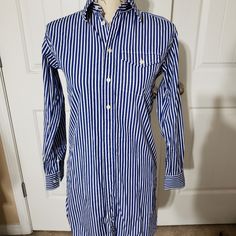 Nwot Polo Ralph Lauren Button Down Shirt Dress Color: Blue And White Size: Xs Cotton Button-up Shirt Dress, Cotton Button-up Shirt Dress With Button Closure, Collared Cotton Shirt Dress With Buttons, Classic Striped Long Sleeve Shirt Dress, Classic Blue Shirt Dress With Buttons, Classic Striped Button-up Shirt Dress, Classic Cotton Shirt Dress With Buttons, Blue Cotton Collared Shirt Dress, Blue Collared Shirt Dress With Placket