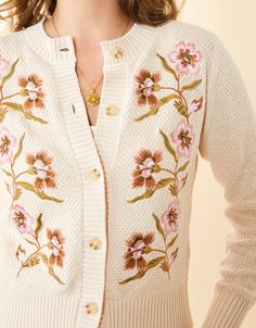 Jayme Embroidered Cardigan Calm Waters Winter Embroidered Cream Cardigan, Fitted Embroidered Cotton Cardigan, Casual Embroidered Knit Cardigan, Pink Embroidered Long Sleeve Cardigan, Winter Floral Embroidered V-neck Cardigan, Layering Cardigan, Cute Crewneck, Front Porch Swing, Calm Waters