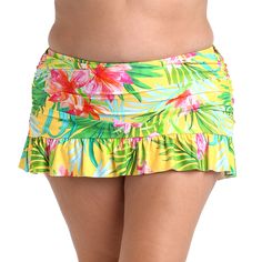 The lively combination of colors and tropical motifs on this swim collection exudes a playful and energetic vibe, making it a perfect choice for those seeking a bold and stylish beach look. Featuring a ruffled skirt with built-in bottoms, this suit is up for anything, whether snorkeling in the sea or swimming in the pool. A shirred waistband and romantic ruffles instantly flatter the figure. Full rear coverage gives you the confidence you need to strut around the deck or poolside in style. [spli Summer Swim Dress With Ruffles For Beach Season, Beach Skirted Bottoms With Floral Print, Floral Print Skirted Bottoms For Beach, Fitted Playful Beach Season Bottoms, Summer Swim Dress With Ruffles For Spring, Spring Beachwear Swim Dress With Ruffles, Summer Swim Dress With Ruffles For Poolside, Playful Fitted Bottoms For Beach Season, Fitted Hawaiian Style Bottoms For Poolside