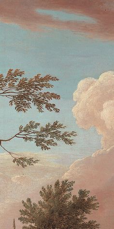 an old painting with animals and trees in the foreground, against a blue sky