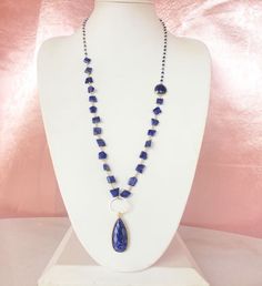 Kaylee Necklace in Sapphire - A versatile long style necklace made with labradorite. This necklace can be layered, worn as a lariat, or adjusted to have either the chunky chain or simple chain as the detail of your center piece. | A Blonde and Her BagKaylee Necklace in Sapphire. A versatile long style necklace made with labradorite. This necklace can be layered, worn as a lariat, or adjusted to have either the chunky chain or simple chain as the detail of your center piece. Size: 38" Length, 2" Sausalito California, Simple Chain, Beaded Pendant Necklace, Sapphire Pendant, Long Style, Style Necklace, Beaded Pendant, Flower Gift, Base Metal