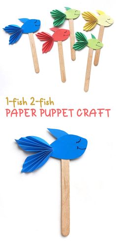 paper fish puppets on wooden sticks with text overlay that reads, fish 2 - fih paper puppet craft