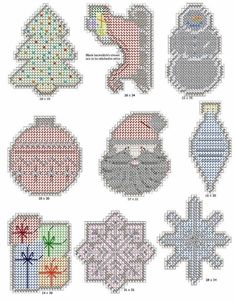 cross stitch christmas ornament designs in different colors and sizes, including santa's hat